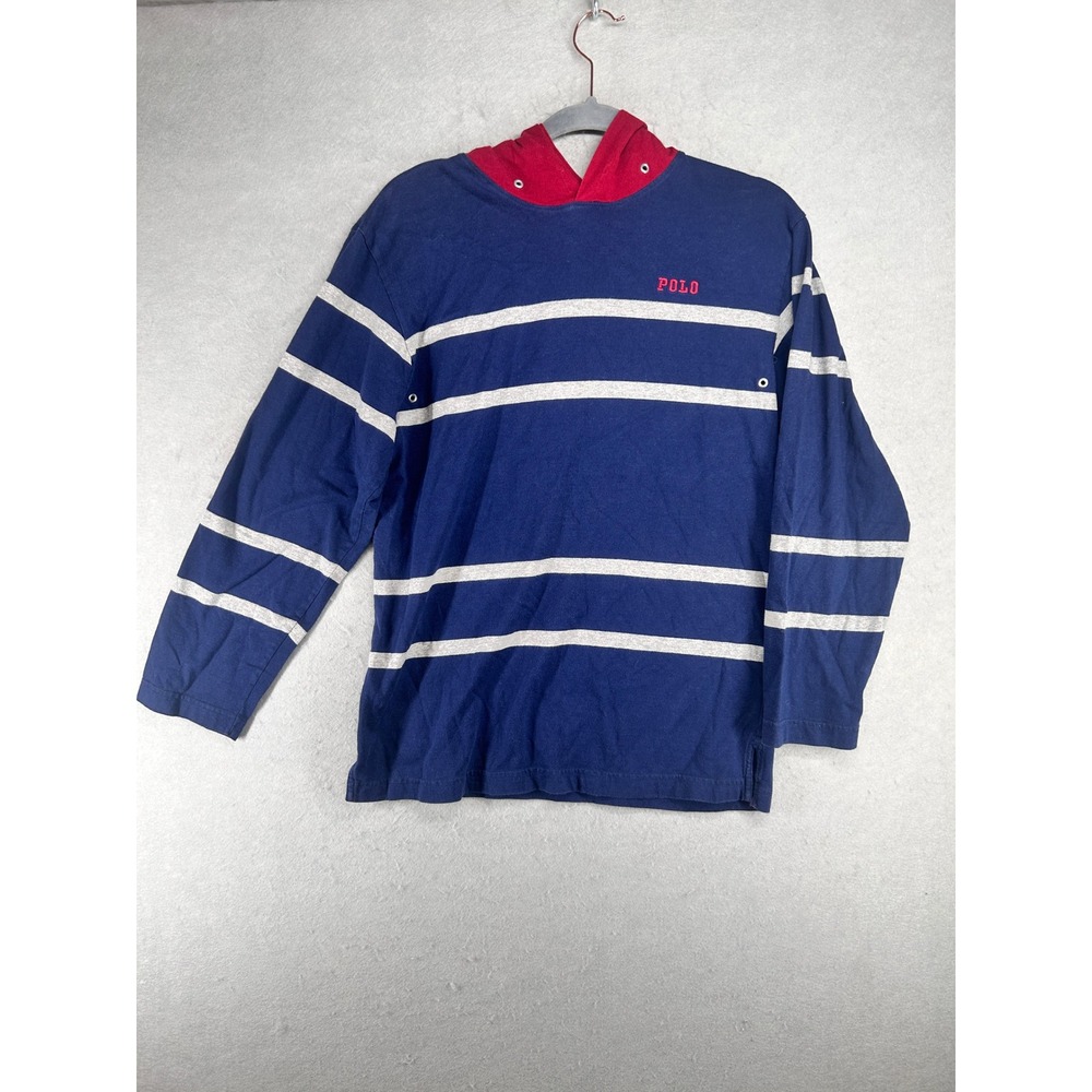 Polo Ralph Lauren Mens Large Blue Striped Long Sleeve Hooded T-Shirt Cotton